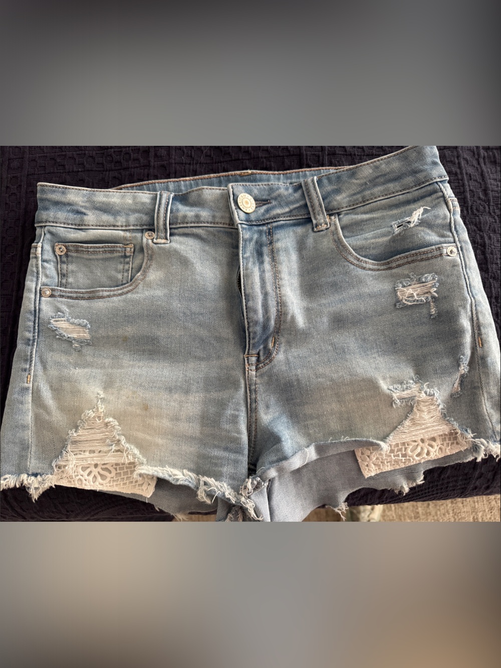 American Eagle Outfitters Light Blue Distressed Denim Shorts with Lace Insets